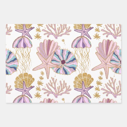 Ocean Seashells Starfish Blue Lila Gold Pink Geschenkpapier Set (Vorderseite)