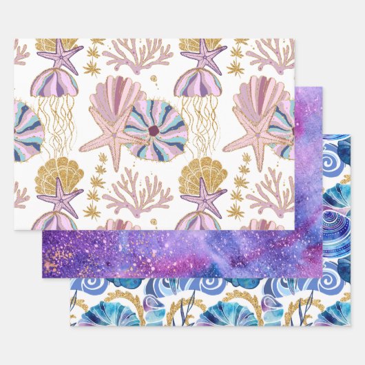 Ocean Seashells Starfish Blue Lila Gold Pink Geschenkpapier Set (Set)