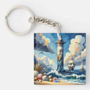 Ocean Seashore Lighthouse Sailboat Monogram I Schlüsselanhänger