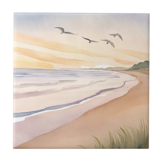 Ocean Shore | Bright Airy Watercolor Painting Fliese (Vorderseite)
