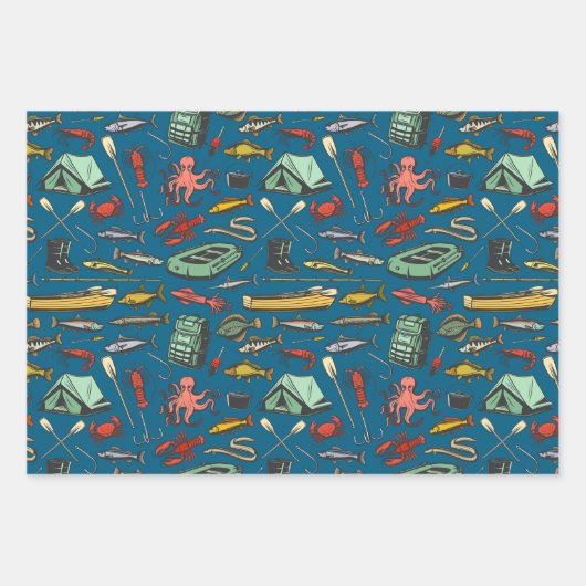 Ocean Shore Rubber Dingy Fishing Muster Geschenkpapier Set (Vorderseite)