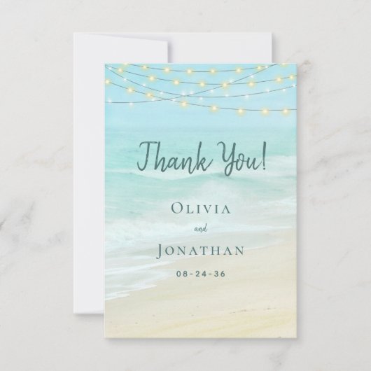 Ocean String Lights Beach Wedding Dankeskarte (Vorderseite)
