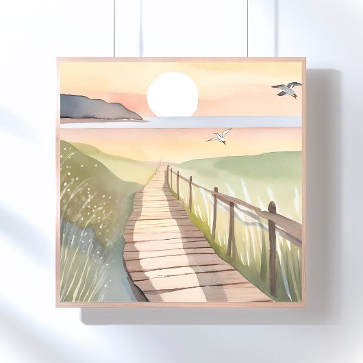 Ocean Stroll | Yellow Sunset Watercolor Poster