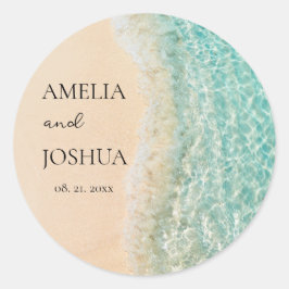 Ocean Summer Blue Beach White Sand Wedding Party Runder Aufkleber