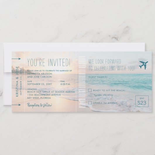 Ocean Sun Beach Wedding Ticket Einladen mit UAWG (Vorderseite)