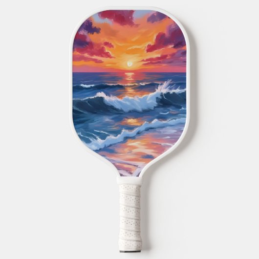 Ocean Sunset Beach Waves Wasserfarbe Pickleball Schläger (Vorderseite)