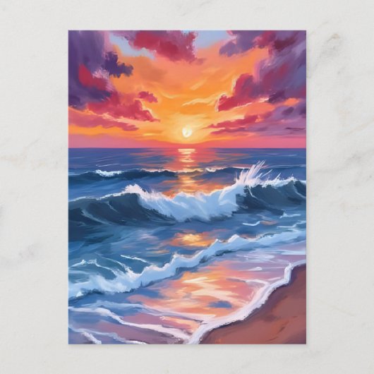 Ocean Sunset Beach Waves Wasserfarbe Postkarte (Vorderseite)