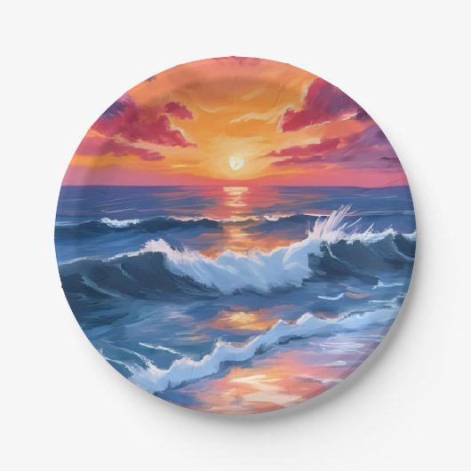 Ocean Sunset Beach Waves Wasserfarbkarte Pappteller (Vorderseite)