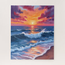 Ocean Sunset Beach Waves Watercolor