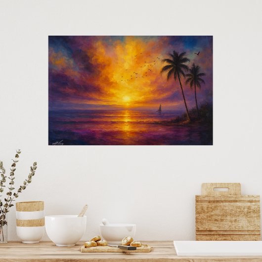 Ocean Sunset Escape - Vibrant Sky with Sailboat Poster (Küche)