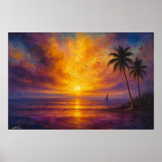 Ocean Sunset Escape - Vibrant Sky with Sailboat Poster (Vorne)