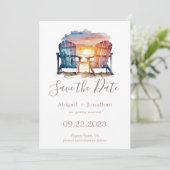 Ocean Sunset Foto Beach Stühle Hochzeit Save The Date (Stehend Vorderseite)