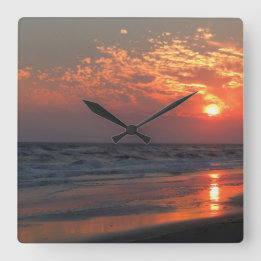 Ocean Sunset - Oak Island, NC Quadratische Wanduhr