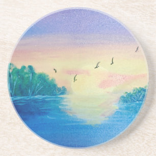 Ocean Sunset Original Oil Malerei auf einem Unters Getränkeuntersetzer