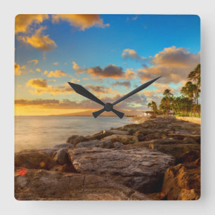 Ocean Sunset Over Rocks And Palm O'Ahu Quadratische Wanduhr