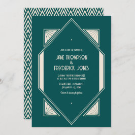 Ocean Teal & Pale Sand Art Deco Wedding Photo Einladung