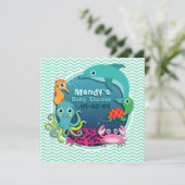 Ocean Theme Baby Dusche; Aqua Green Zickzack Einladung (Stehend Vorderseite)