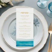 Ocean Watercolor Beach Gold Script Wedding Menükarte