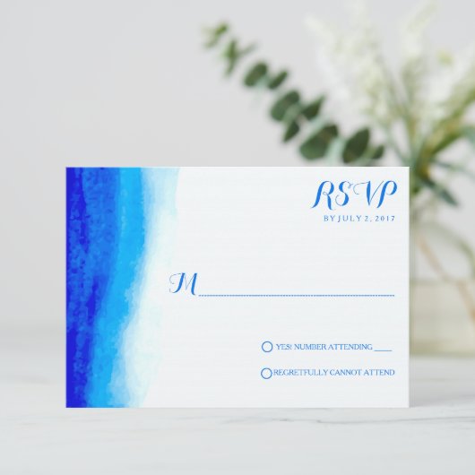 Ocean Watercolor Blue Wedding RSVP Cards (Stehend Vorderseite)
