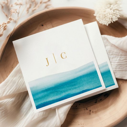 Ocean Watercolor Gold Initials Beach Wedding Serviette