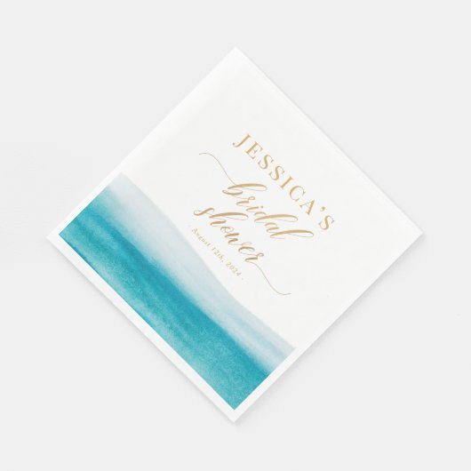 Ocean Watercolor Gold Script Beach Brautparty Serviette (Ecke)