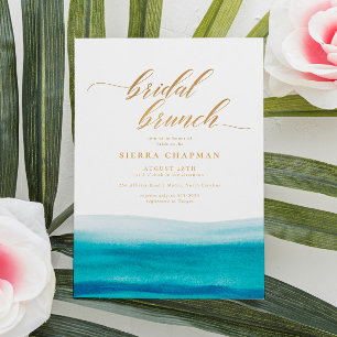 Ocean Watercolor Gold Script Beach Bridal Brunch Einladung