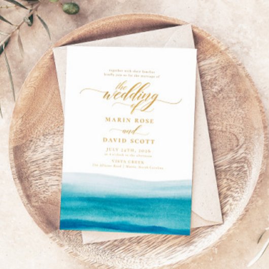 Ocean Watercolor Gold Script Beach Hochzeit Einladung