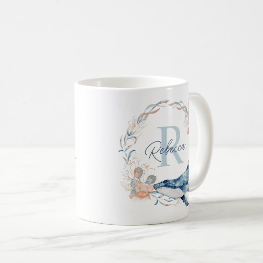 Ocean Watercolor Personalized Monogram Wreath Kaffeetasse (VorderseiteRechts)
