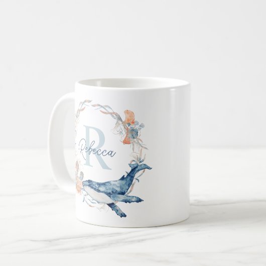 Ocean Watercolor Personalized Monogram Wreath Kaffeetasse (Vorderseite Links)