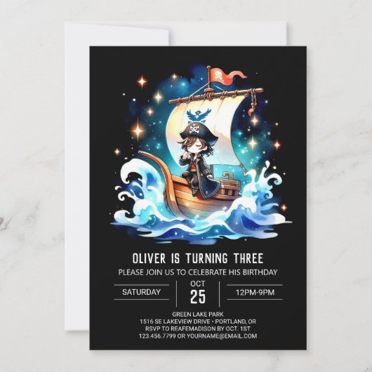 Ocean Watercolor Pirate Einladung (Vorderseite)