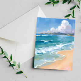Ocean Watercolor Waves Blue Coastal Painting Card