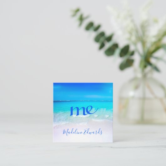 Ocean Wave Beach Scene Blue Modern Monogram Square Quadratische Visitenkarte (Stehend Vorderseite)