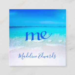 Ocean Wave Beach Scene Blue Modern Monogram Square Quadratische Visitenkarte