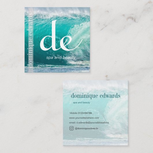 Ocean Wave Blue Business Monogram Quadratische Visitenkarte (Vorne/Hinten)