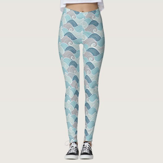 Ocean Wave Blue Grey Leggings (Vorderseite)