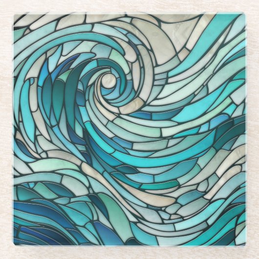 Ocean Wave Spiral Mosaik Glasuntersetzer (Vorderseite)