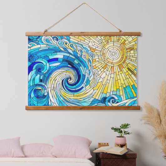 Ocean Wave Sun Mosaik Art Wandteppich Mit Holzrahmen (Schlafzimmer)
