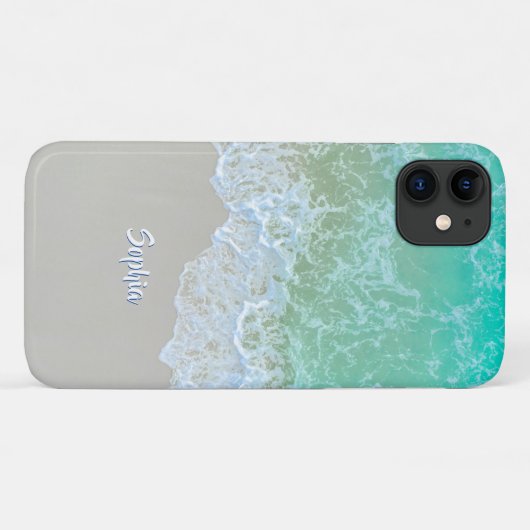 Ocean Waves, Beach Sand, White Script Name Case-Mate iPhone Hülle (Rückseite (Horizontal))