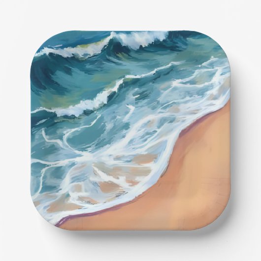Ocean Waves Blue Watercolor Coastal Pappteller (Vorderseite)