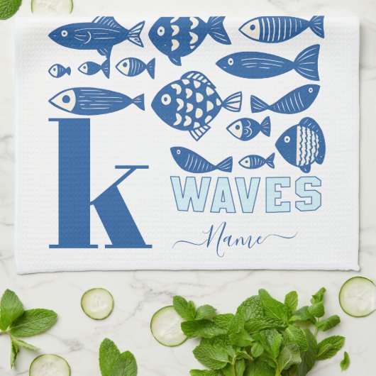 Ocean Waves Coastal Fish Kitchen Towel – Nautical  Geschirrtuch (Gefaltet)