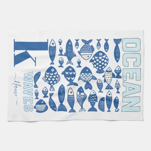 Ocean Waves Coastal Fish Kitchen Towel – Nautical  Geschirrtuch (Horizontal)
