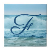 Ocean Waves Crashing Beach Coastal Monogram Fliese (Vorderseite)