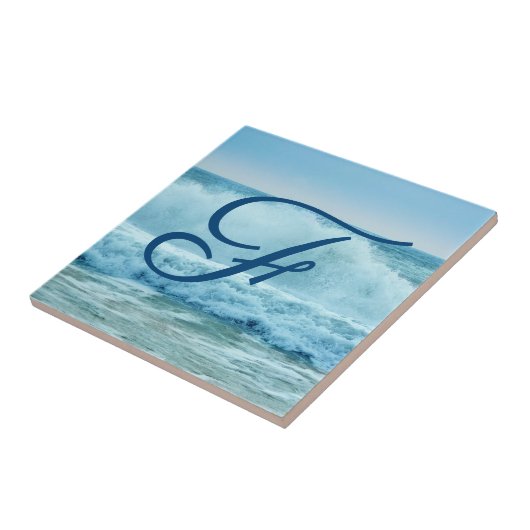 Ocean Waves Crashing Beach Coastal Monogram Fliese (Seite)