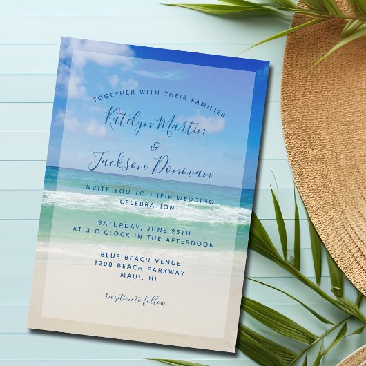 Ocean Waves Foto Chic Tropical Beach Blue Wedding Einladung