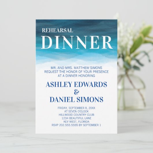 Ocean Waves Hochzeitessen Probe Einladung (Stehend Vorderseite)