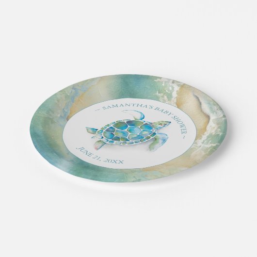 Ocean Waves Sea Turtle Baby Shower Paper Plate Pappteller (Schrägansicht)