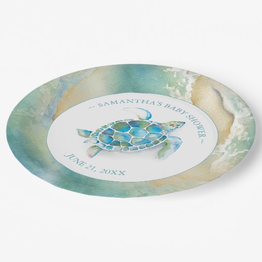 Ocean Waves Sea Turtle Baby Shower Paper Plate Pappteller (Schrägansicht)