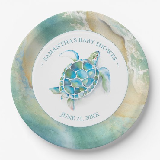 Ocean Waves Sea Turtle Baby Shower Paper Plate Pappteller (Vorderseite)