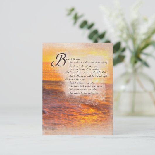 Ocean Waves Sunset Bible Scripting Psalms 1:1 Postkarte (Stehend Vorderseite)