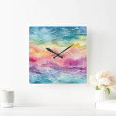 Ocean Waves Wasserfarbe Regenbogen Inspiriert Stre Quadratische Wanduhr (Zuhause)